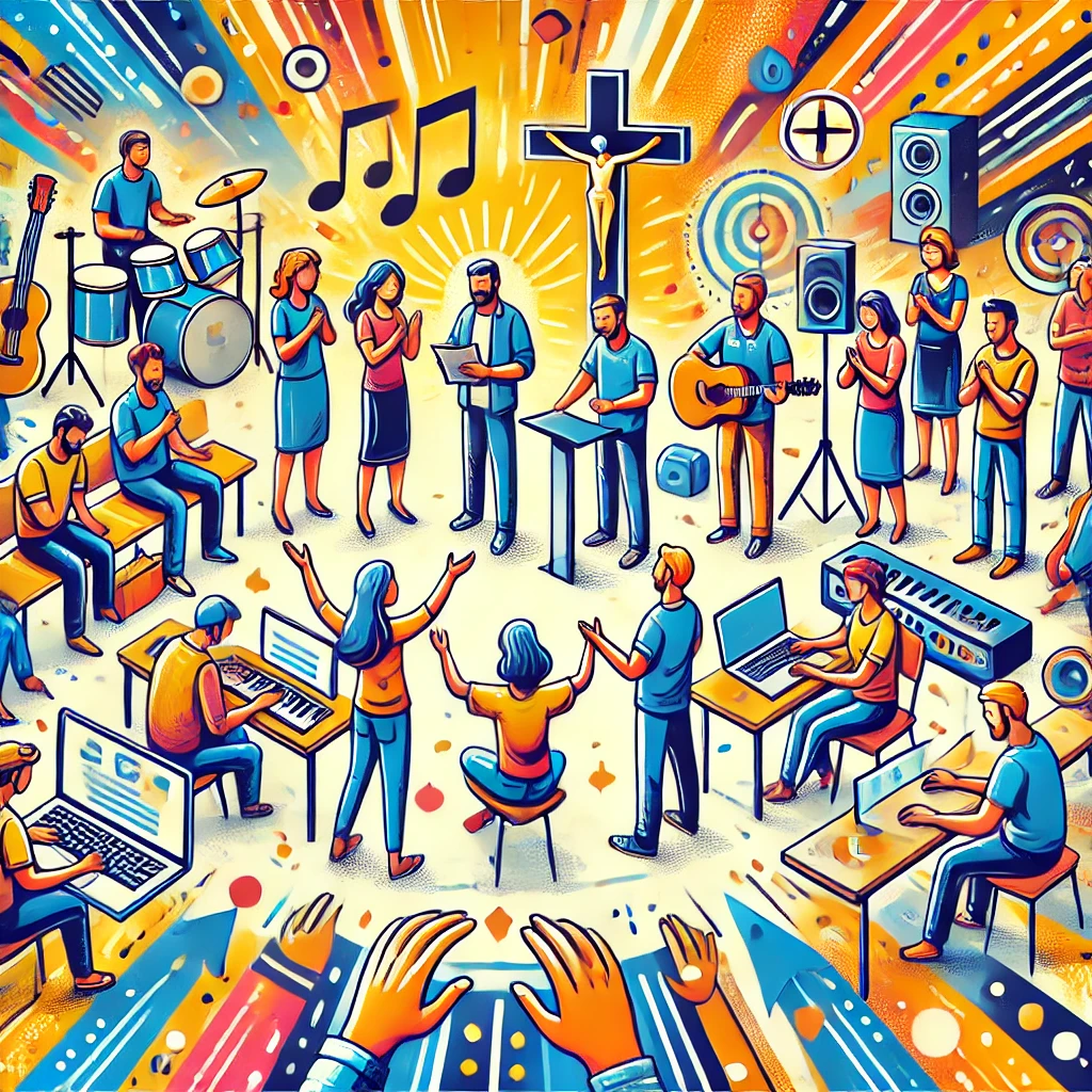 DALL·E 2024 10 25 09.46.29 A lively and colorful illustration of a Christian group organizing an event. The scene shows teamwork unity and preparation for worship with people