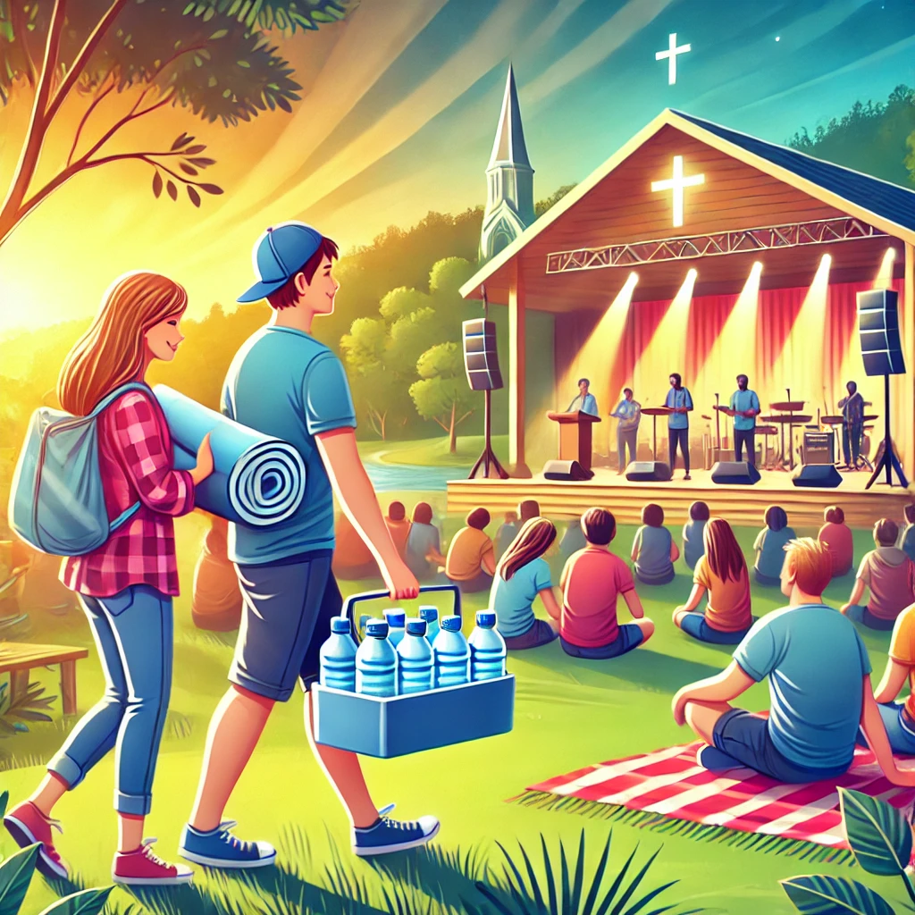 DALL·E 2024 10 25 11.45.18 A vibrant illustration of friends gathering at a Christian event outdoors with a peaceful setting. The image shows people bringing essential items fo