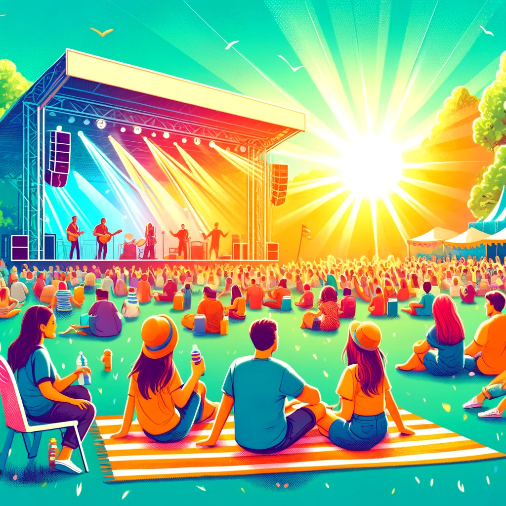 DALL·E 2024 10 25 11.45.20 A vibrant illustration of friends attending an outdoor Christian worship event with a bright and cheerful setting. The image shows people sitting on