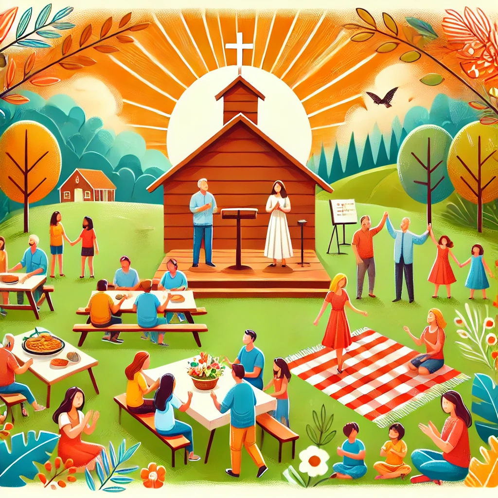 DALL·E 2024 12 02 12.04.32 An illustration showing a warm and vibrant Christian community gathering in an outdoor picnic setting. People of all ages are engaging in activities l