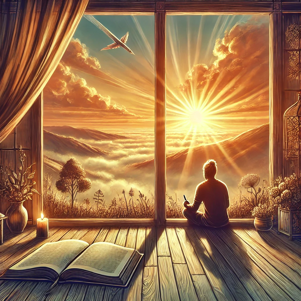 DALL·E 2025 01 14 11.53.46 An inspiring illustration depicting a serene scene of reflection and gratitude featuring a person sitting by a window with a journal overlooking a p