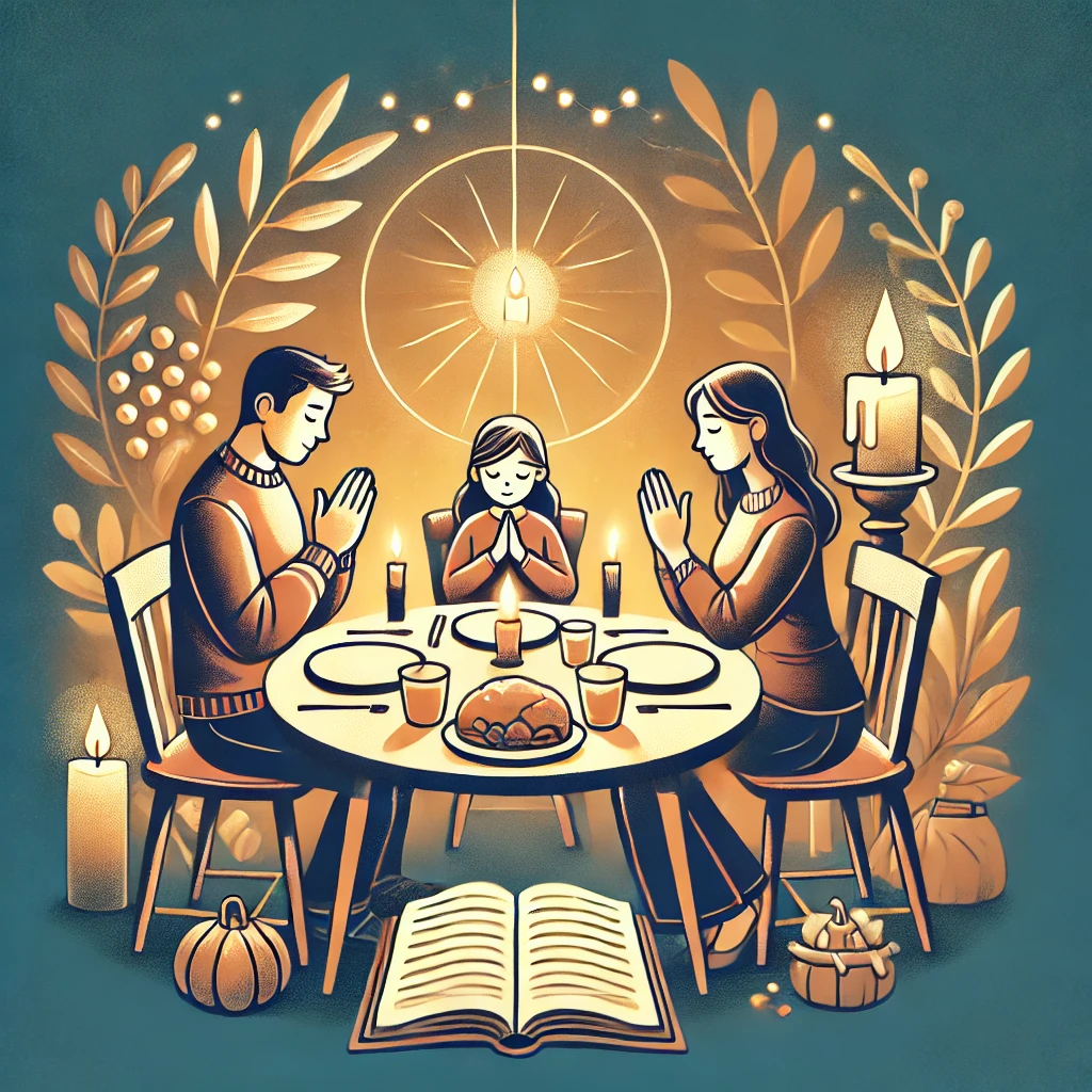 DALL·E 2025 01 14 11.54.01 An uplifting illustration showing a family in prayer at the dinner table surrounded by a warm and peaceful atmosphere. The setting includes a candle