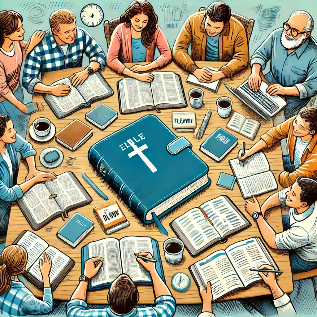 DALL·E 2025 01 15 09.15.49 An illustration of a group of people gathered around a table with open Bibles planners and notebooks collaborating and sharing ideas for Christian