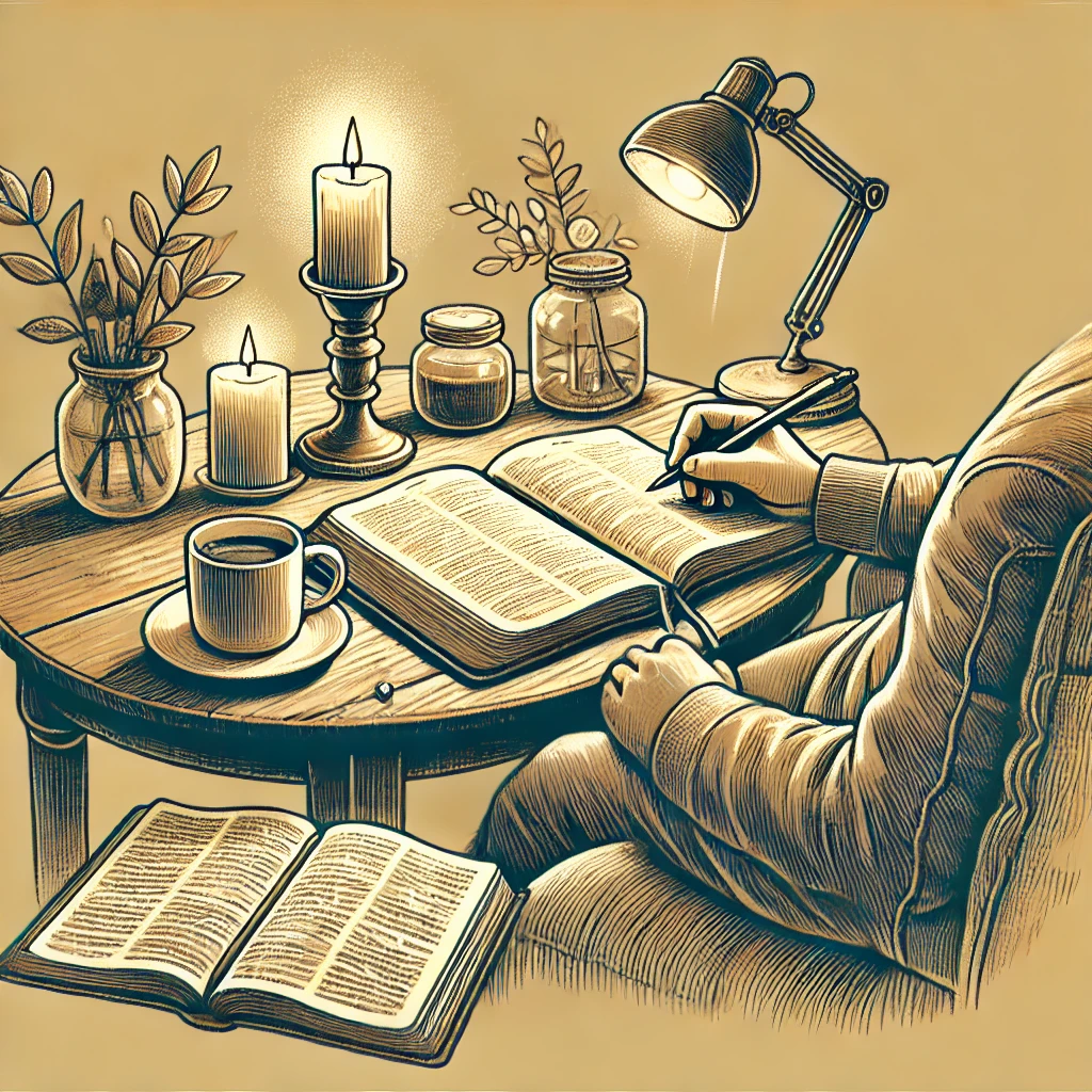 DALL·E 2025 01 15 09.42.53 An inspiring illustration showing a person with an open Bible a notebook and a pen seated by a cozy desk with a candle and a cup of coffee symboli