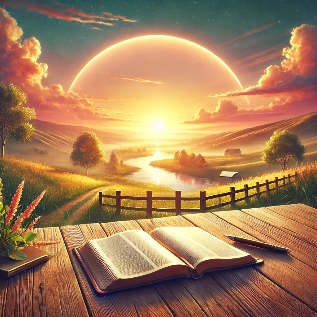 DALL·E 2025 01 15 09.43.53 A beautiful illustration of a sunrise over a peaceful landscape with an open Bible and a notebook on a wooden table in the foreground. The scene symbo